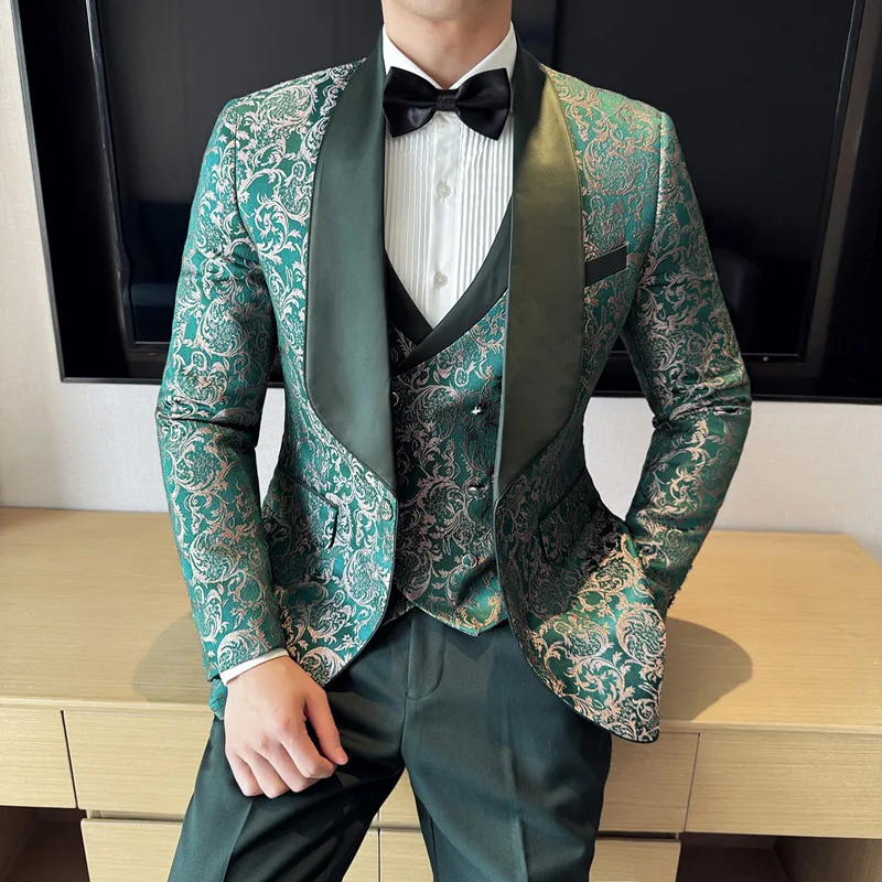 Spring 2025 Men's British Style Business Casual Three-Piece Suit Vest Trousers High-Density Jacquard Wedding Dress