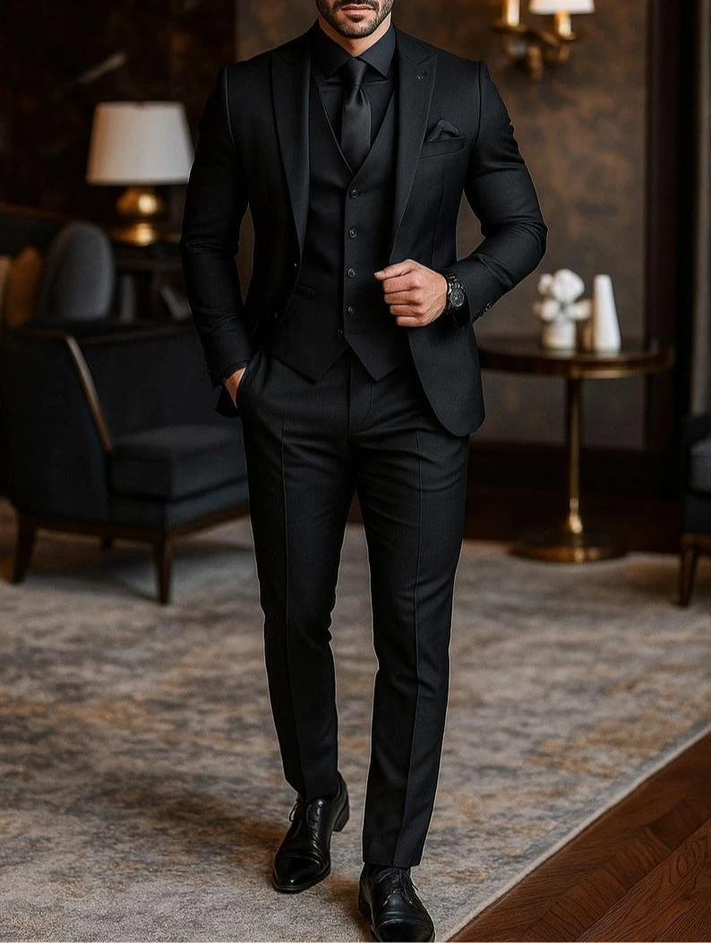 Men 3 Piece Suit Wedding Tuxedo For Groom Slim Fit Suit With Vest Black Formal Suit Business Men Suits