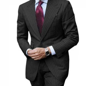 Classic Fit Men's Pinstripe Suits 2 pieces Notch Lapel Regular Fit Tuxedos Groomsmen For Wedding Black (Blazer+Pants)