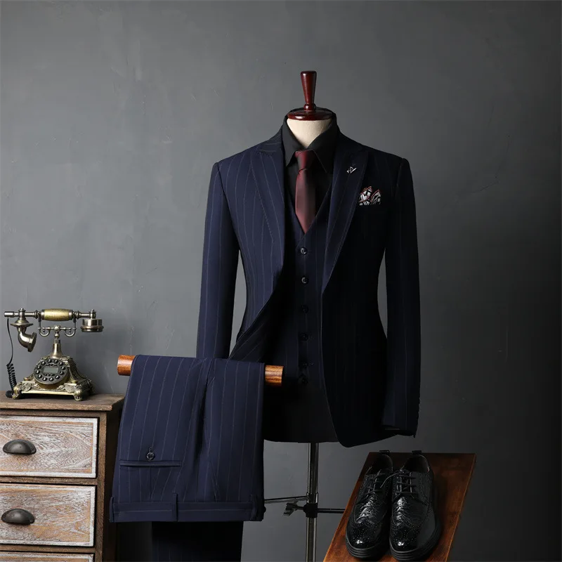 KIDWHXR Man Three-piece Outfit British Style Striped Slim Men Suit Sets Long Sleeve Breathable Business Casual Male Suits - Image 2