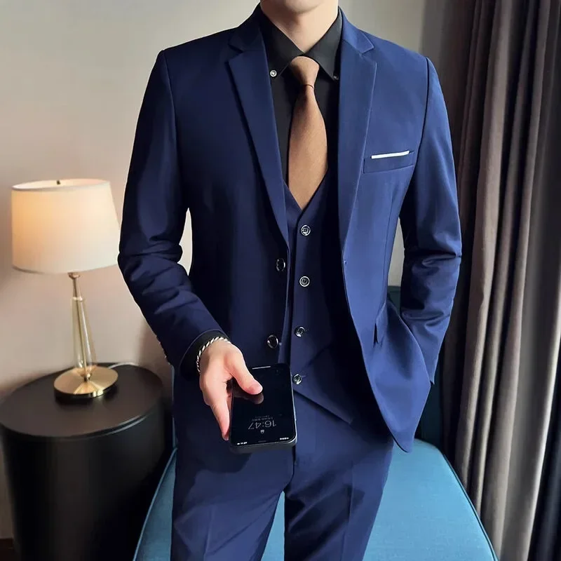 Suit (Blazer+ Vest + Trousers) Men's Fashionable Gentleman Business British Style Solid-color Banquet Host Casual Wedding Suit - Image 4