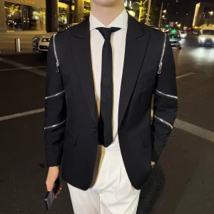 Stylish Men Blazer with Metallic Zipper Detail - Slim Fit, Versatile for Work/Date, Trendy & Comfortable, Perfect for Modern Man