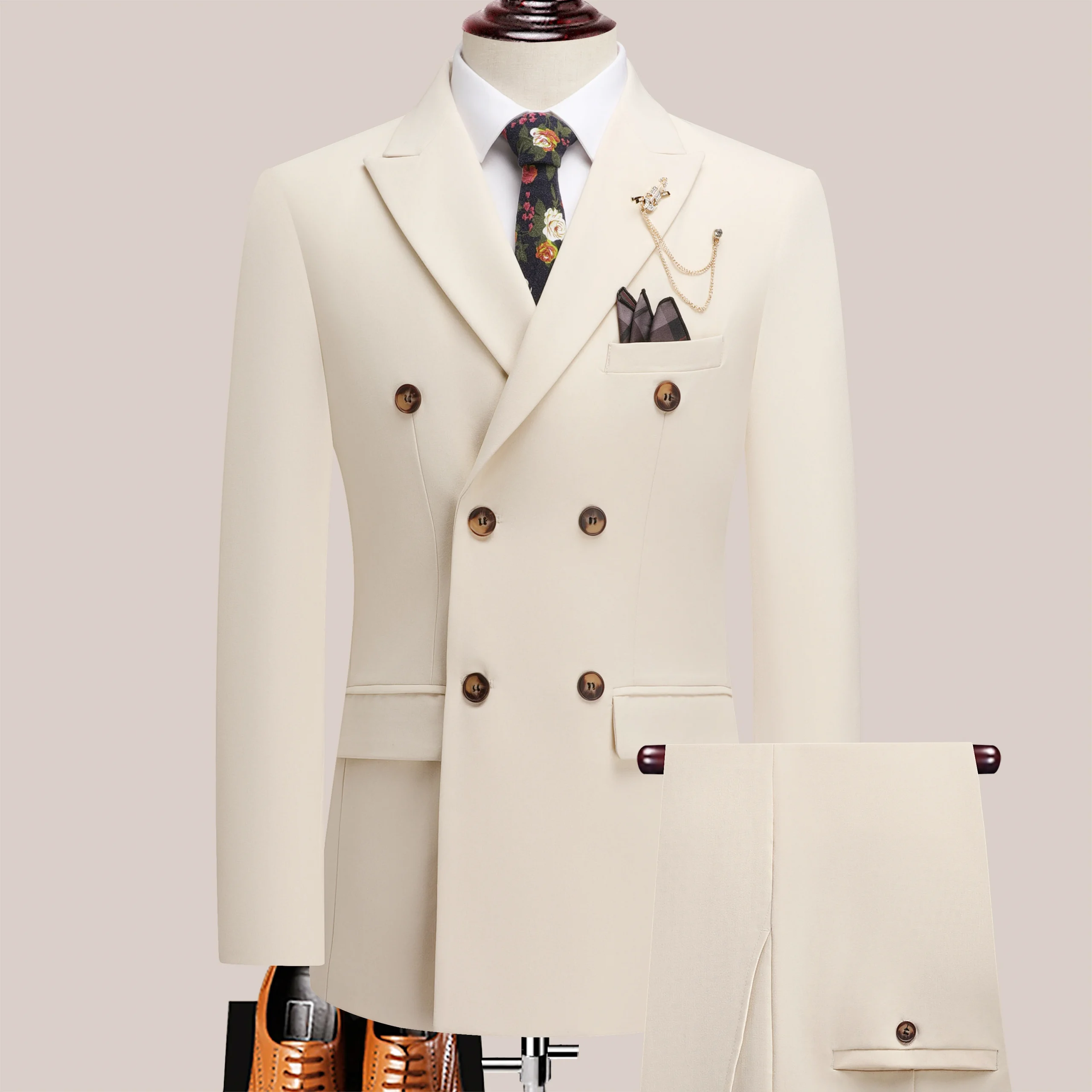 The latest men's solid color suit two-piece set with lapel collar and double breasted buttons for four seasons, men's business s