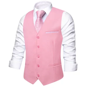 Hi-Tie Solid Peach Pink Men Vest Silk Wedding Slim Waistcoat Neck Tie Hanky Cufflinks Set for Male Business Party Designer Gifts