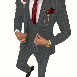 Elegant Men's Suit 3 Pieces Plaid Tuxedos Business Suits Slim Fit Double Breasted for Wedding Business (Blazer+vest+Pants)