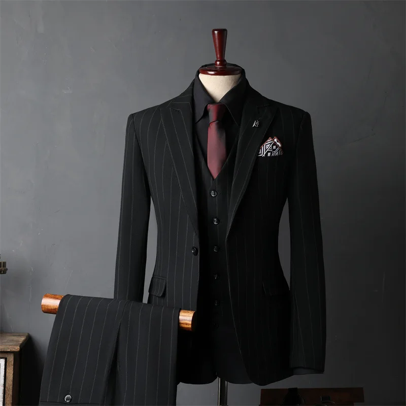 KIDWHXR Man Three-piece Outfit British Style Striped Slim Men Suit Sets Long Sleeve Breathable Business Casual Male Suits