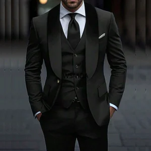 Elegant Black Men's 3 Piece Suits Luxury One Button Shawl Lapel Slim Fit Blazer High Quality Wedding Jacket Pants Vest Full Sets