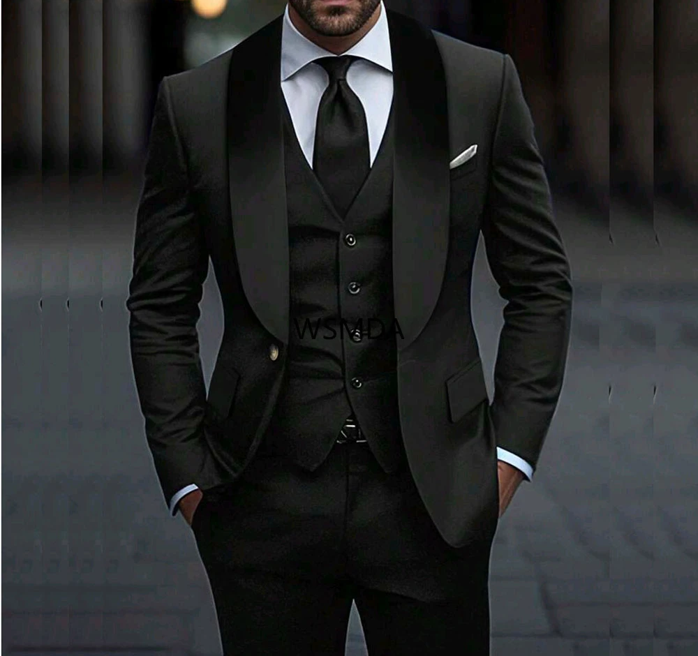 Elegant Black Men's 3 Piece Suits Luxury One Button Shawl Lapel Slim Fit Blazer High Quality Wedding Jacket Pants Vest Full Sets