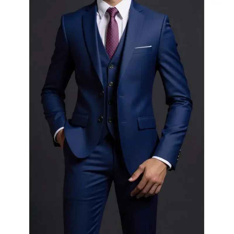 Suit (Blazer+ Vest + Trousers) Men's Fashionable Gentleman Business British Style Solid-color Banquet Host Casual Wedding Suit - Image 3