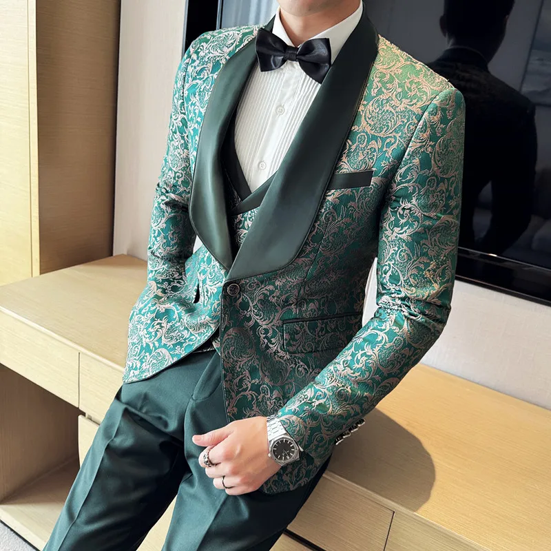 Spring 2025 Men's British Style Business Casual Three-Piece Suit Vest Trousers High-Density Jacquard Wedding Dress - Image 2